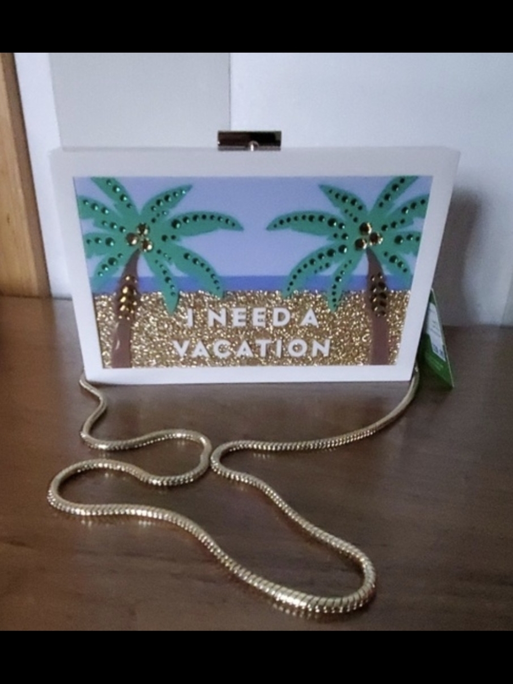 kate spade Palm Tree "I Need A Vacation" Acrylic Clutch - Green & Gold - Picture 2 of 12